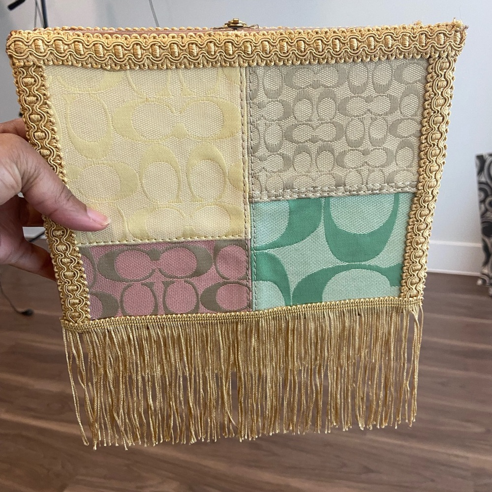 Up cycle Wood  Cigar Box Coach Patchwork Fringe  Clutch with Pink Interior